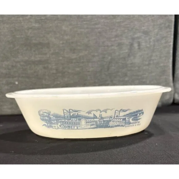 Vintage Glasbake Milk Glass Rectangular Baking Dishes With Blue Farm Scene - Picture 11 of 16